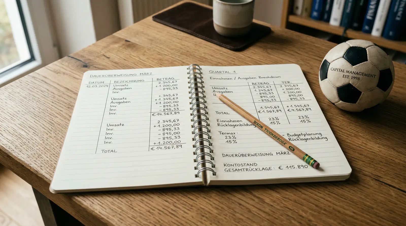Aufgeschlagenes Notizbuch mit handschriftlichen Zahlenreihen neben einem Fußball