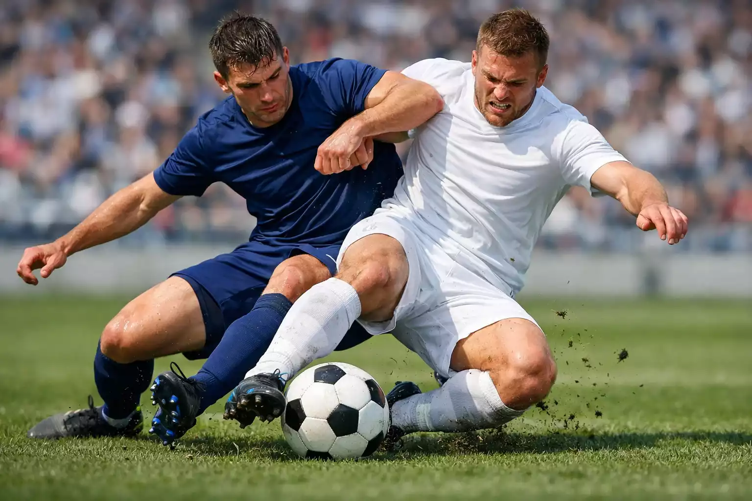 Fußballspieler im Zweikampf auf grünem Rasen bei Tageslicht