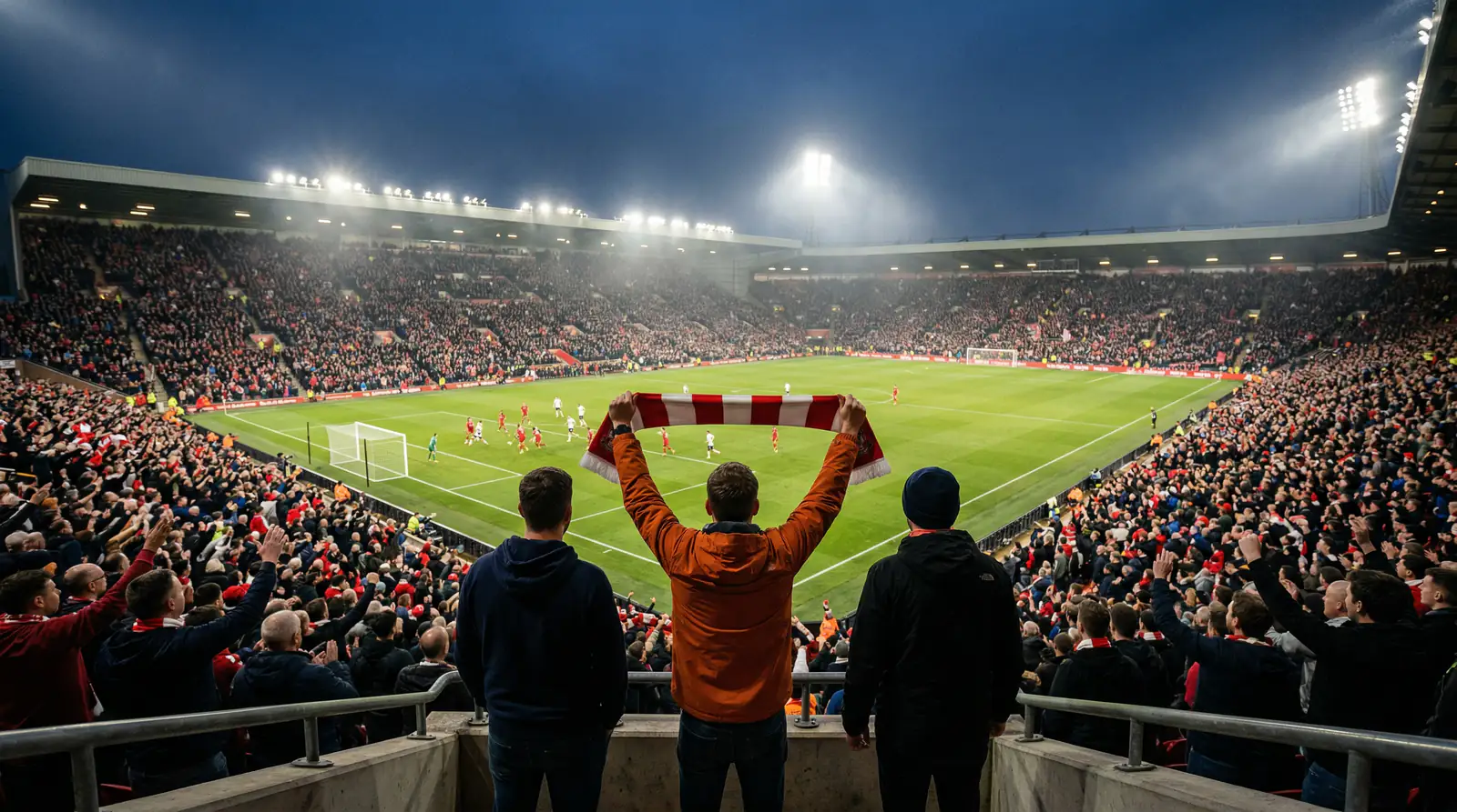 Fußballfans im Stadion verfolgen ein Bundesliga-Spiel bei Flutlicht