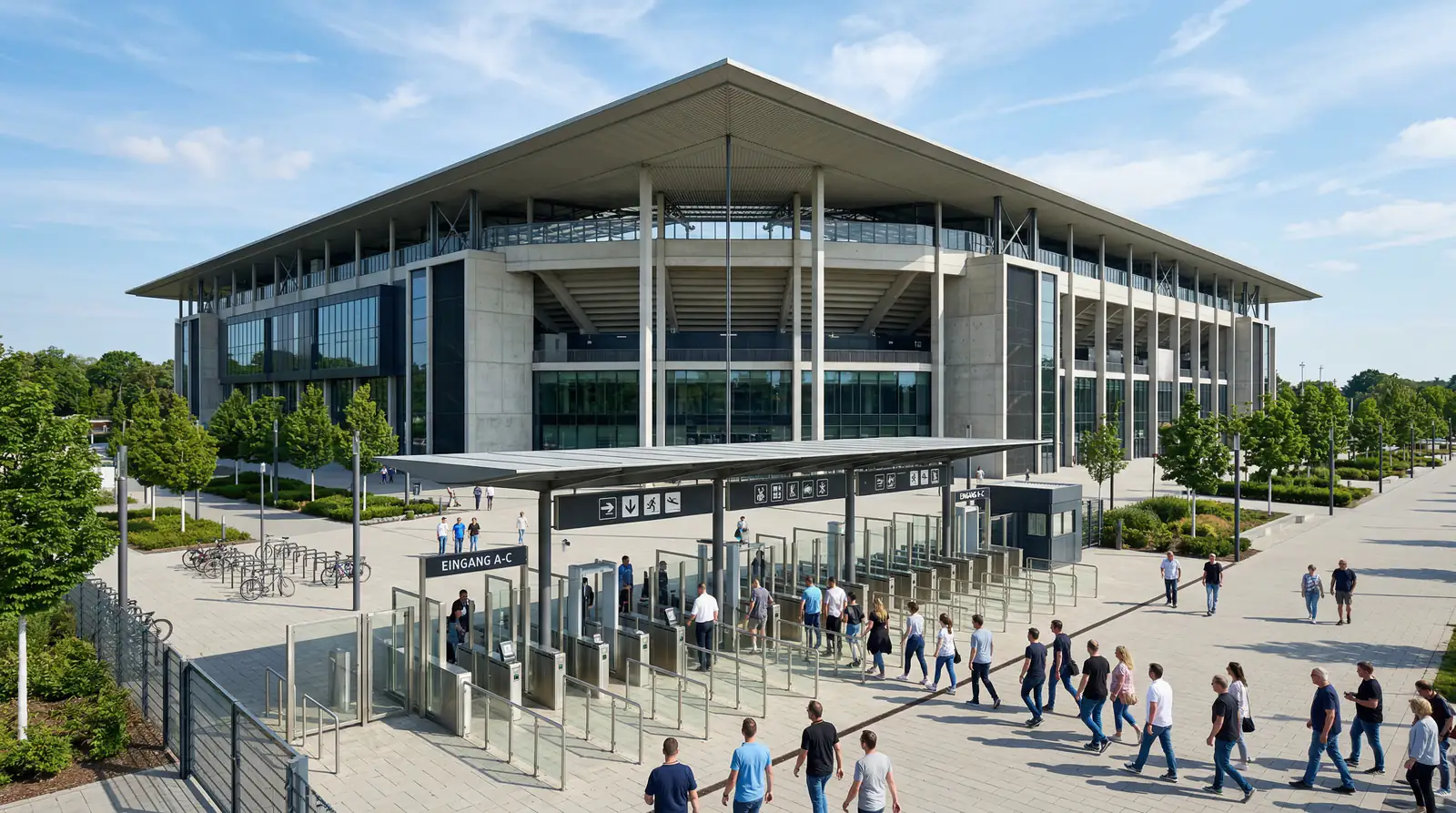 Blick auf ein deutsches Stadion von außen mit Eingangsbereich bei Tageslicht