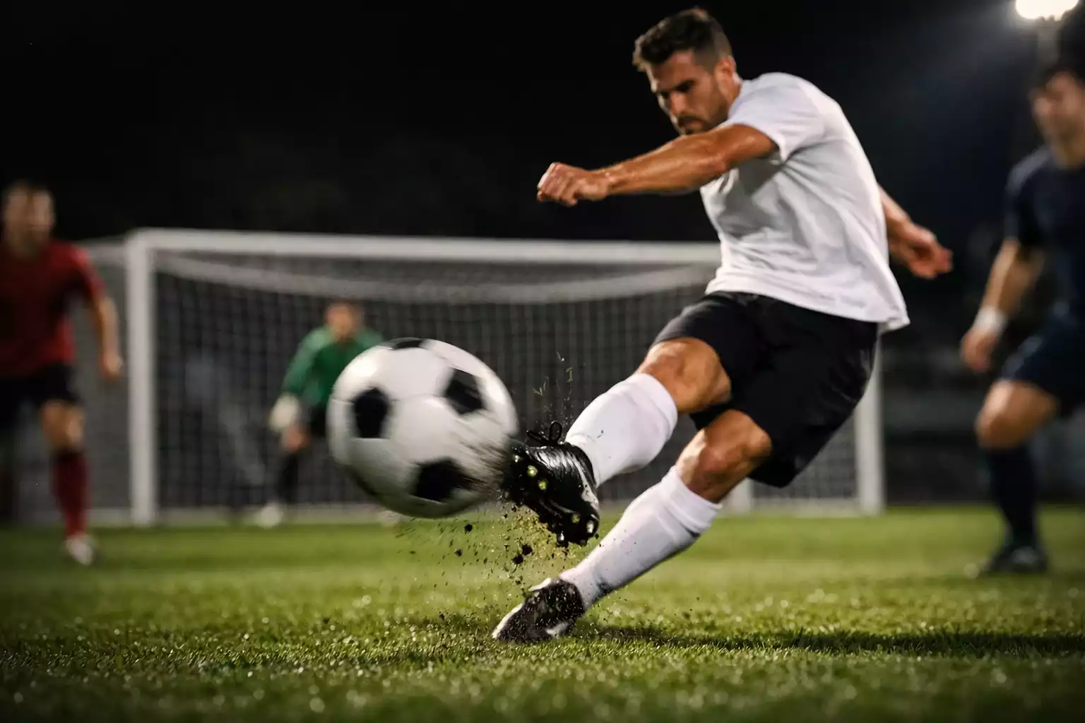 Fußballspieler schießt auf das Tor während eines Spiels