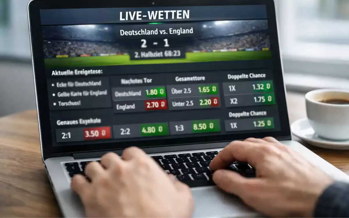 Laptop-Bildschirm zeigt Wettquoten während eines Fußballspiels