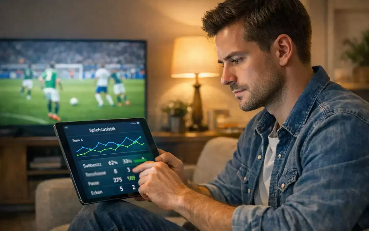 Mann analysiert Fußballstatistiken auf einem Tablet