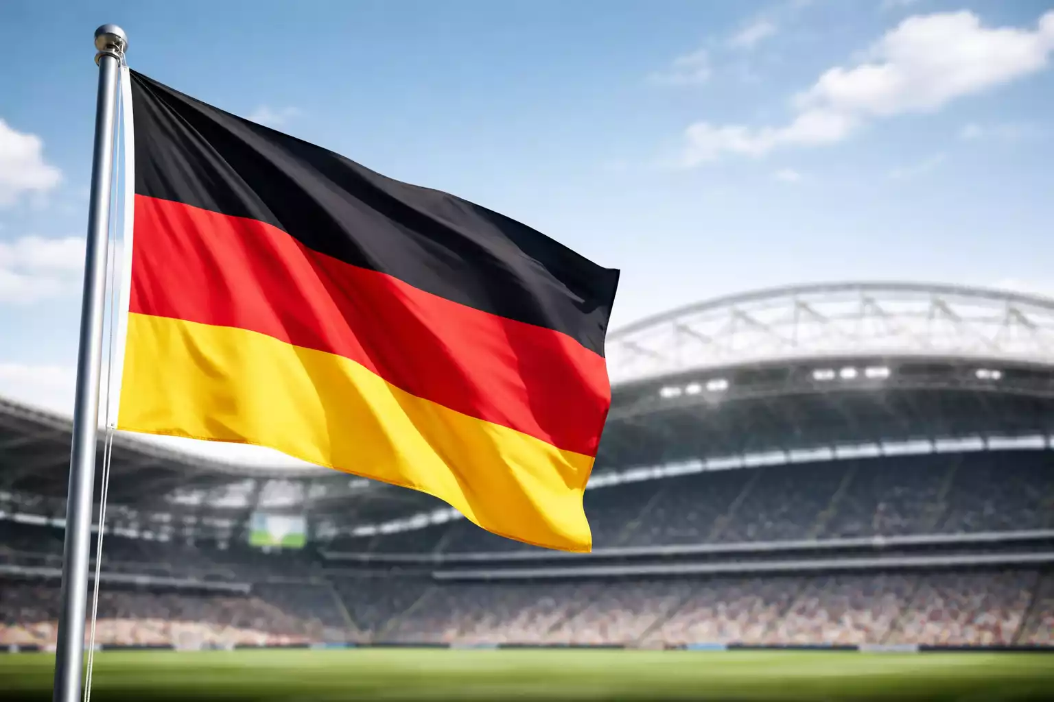 Deutsche Flagge vor dem Hintergrund eines Fußballstadions