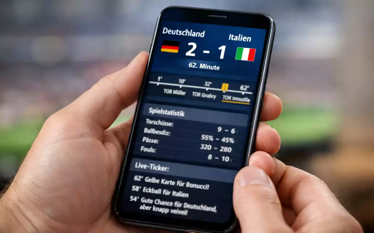 Person hält Smartphone mit Fußball-Live-Ticker in der Hand
