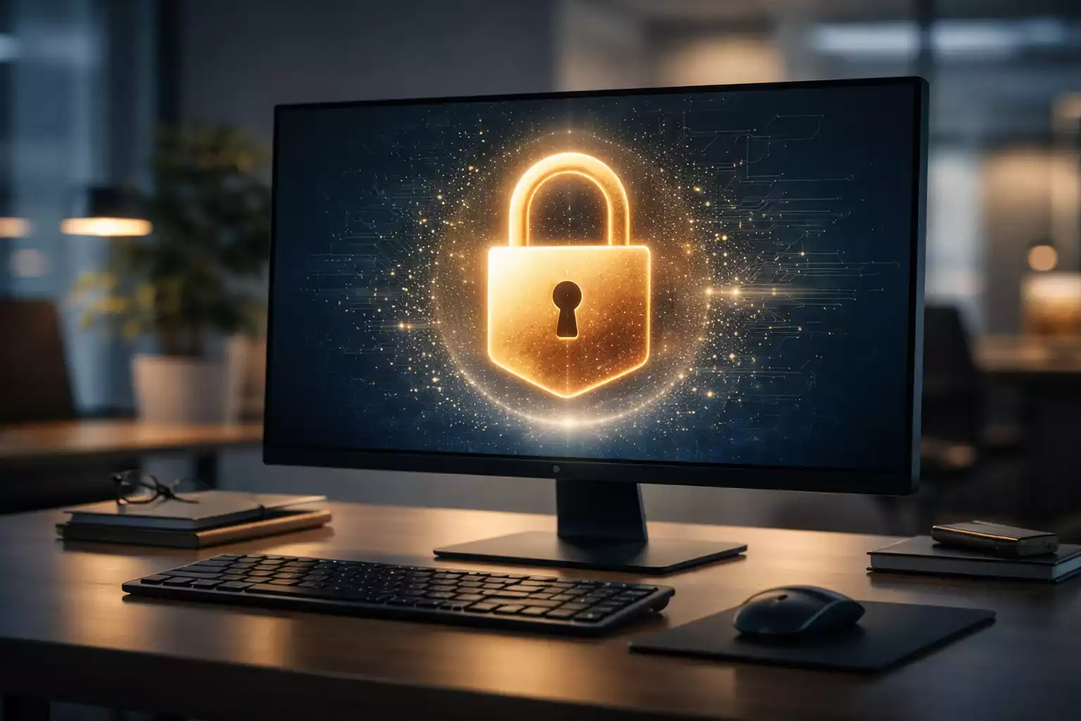 Vorhängeschloss-Symbol vor einem Computerbildschirm als Zeichen für Sicherheit