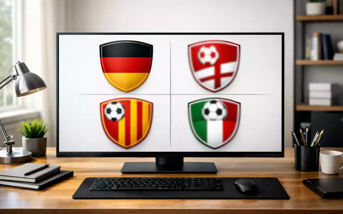 Verschiedene Fußball-Ligen-Logos auf einem Bildschirm
