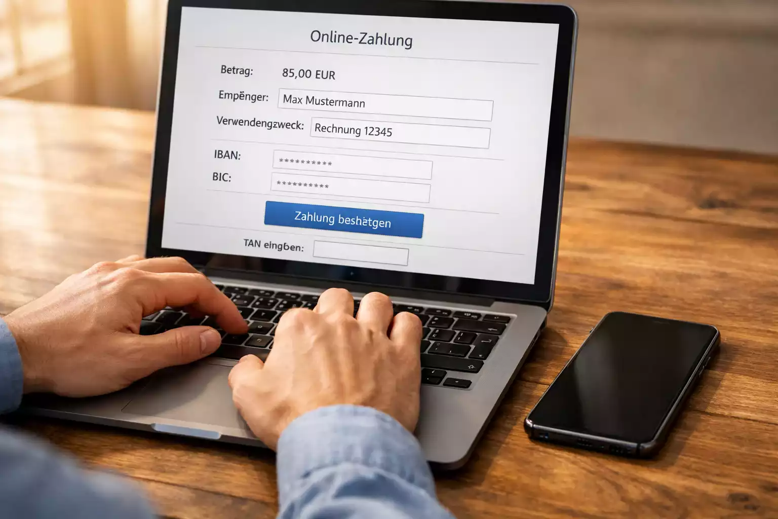 Hand tippt auf Laptop-Tastatur mit Kreditkarte daneben