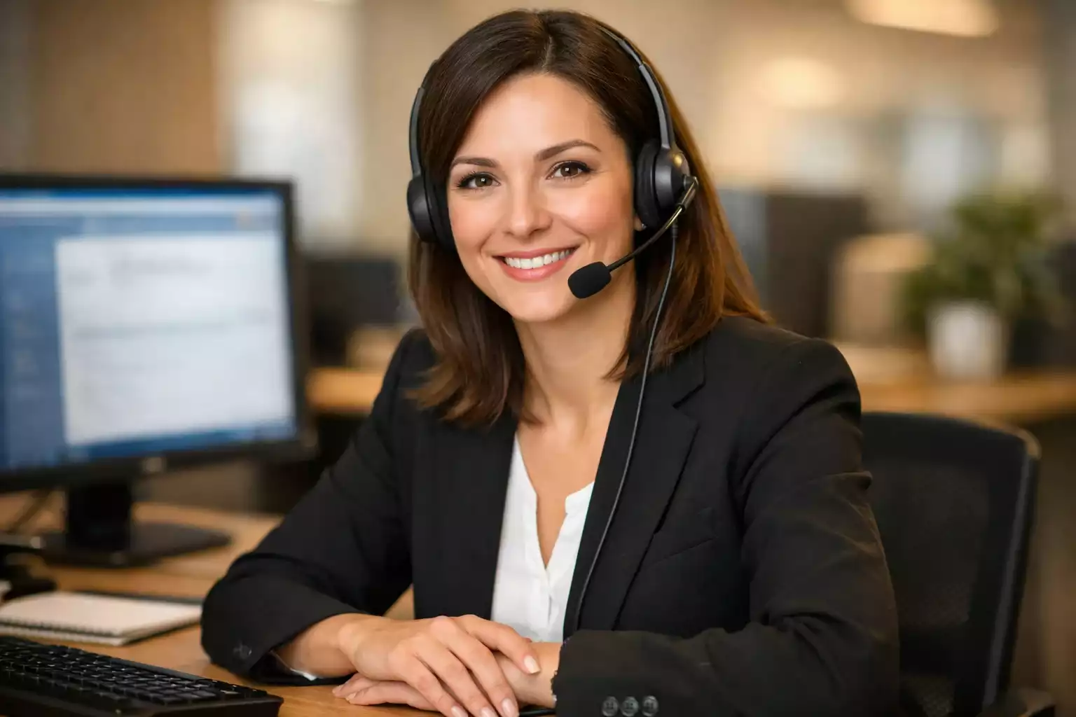Kundenservice-Mitarbeiter mit Headset am Arbeitsplatz