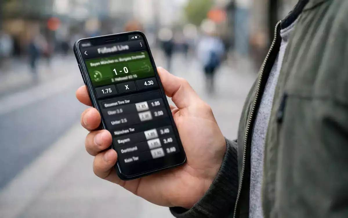Person nutzt Sportwetten-App auf dem Smartphone unterwegs