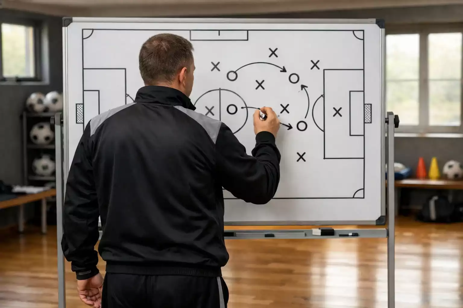 Trainer analysiert taktische Aufstellung auf einer Tafel
