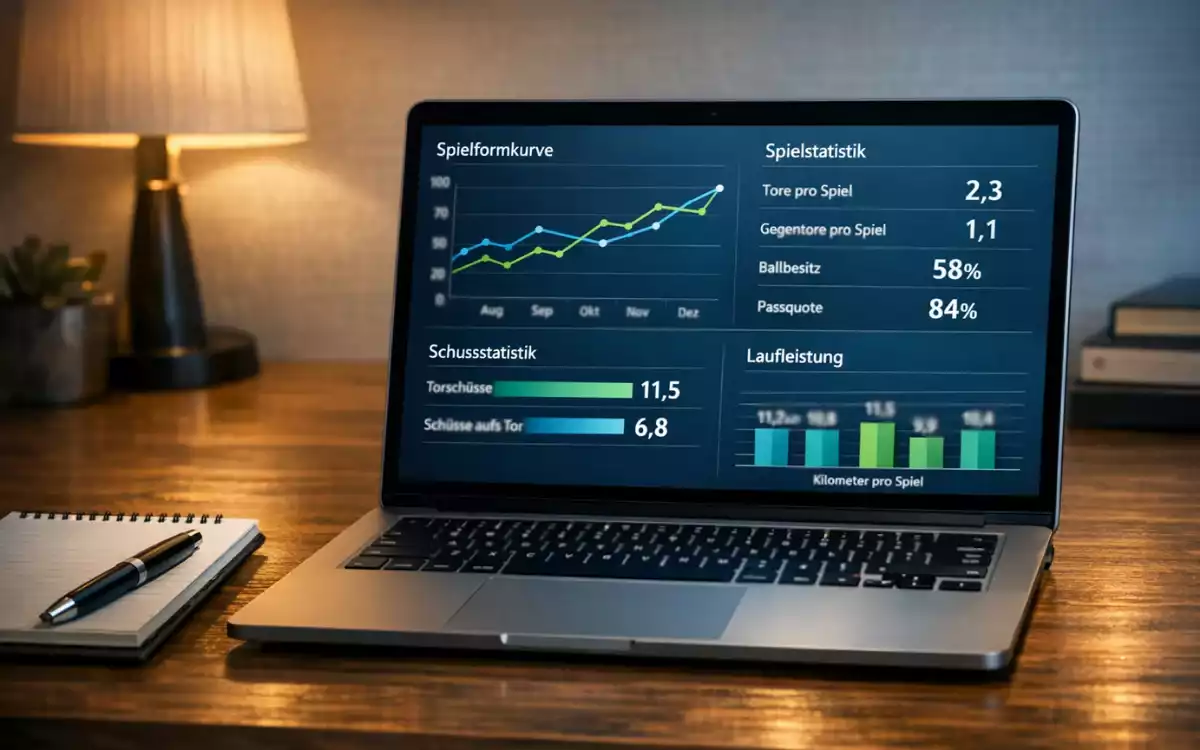Notebook mit Fußball-Statistiken und Leistungsdaten auf dem Bildschirm