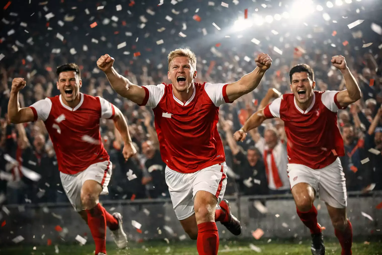 Fußballspieler jubeln nach einem Tor vor der Fankurve