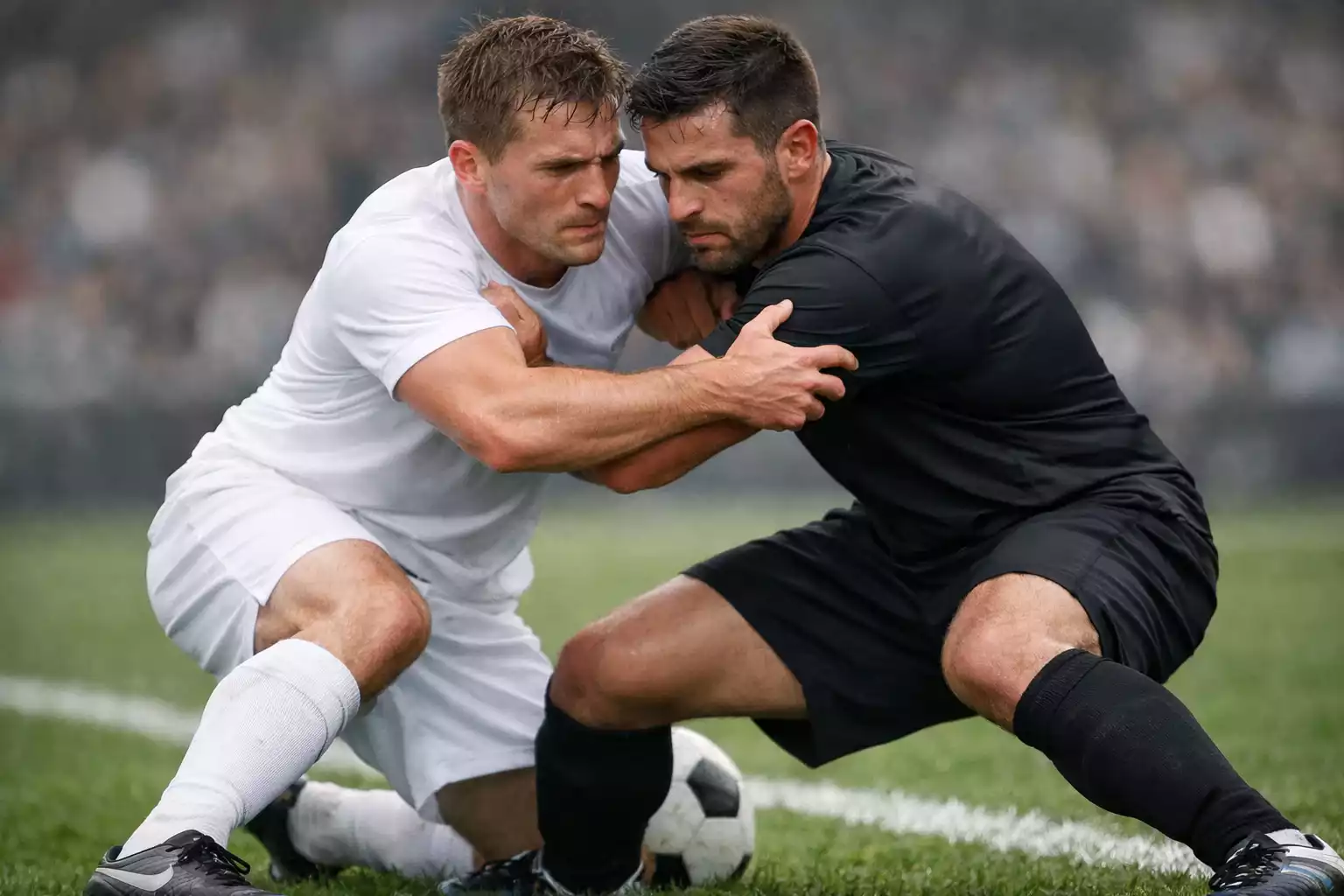 Nahaufnahme eines Fußballspielers während eines Zweikampfs