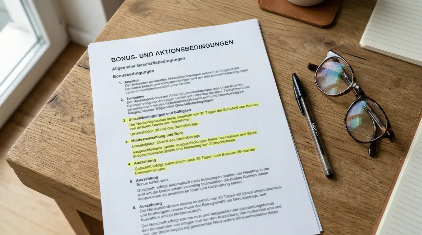 Aufgeschlagenes Dokument mit markierten Textpassagen neben einem Stift