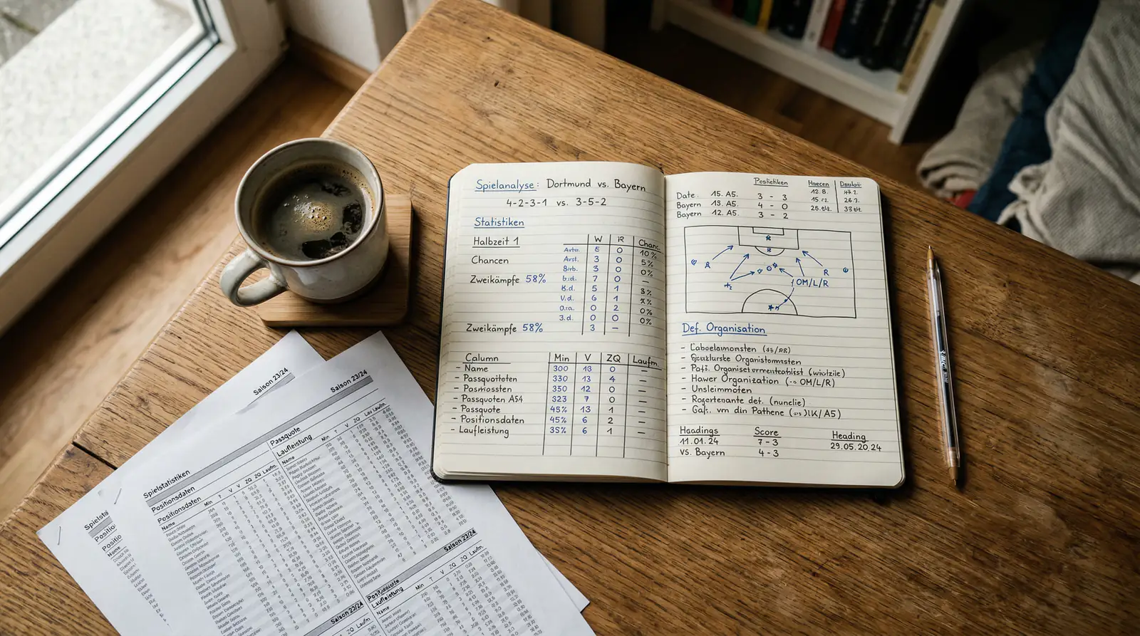 Person analysiert Fußballstatistiken mit Notizblock und Stift am Schreibtisch