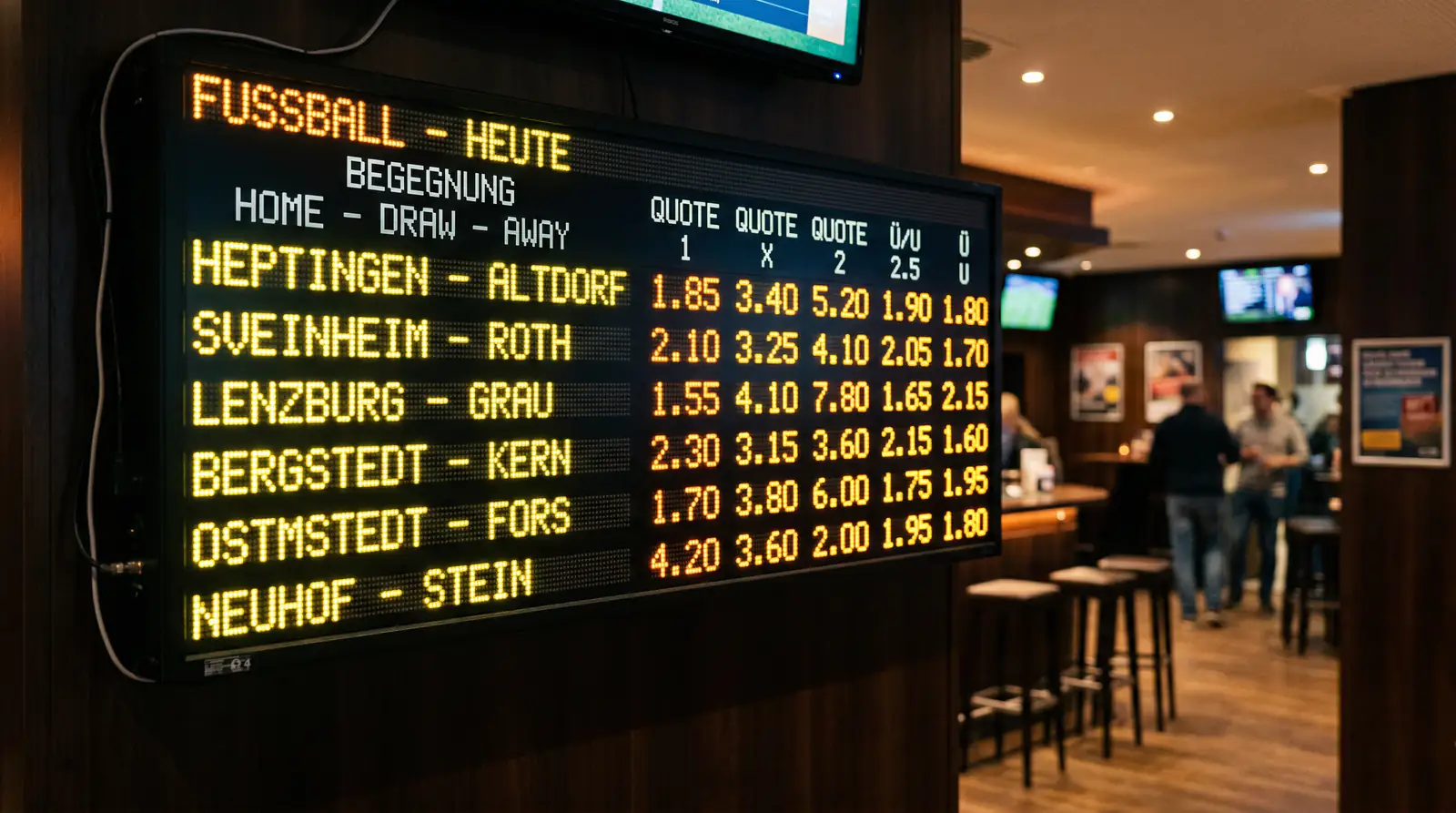 Nahaufnahme einer Anzeigetafel mit Fußball-Wettquoten in einem Wettbüro