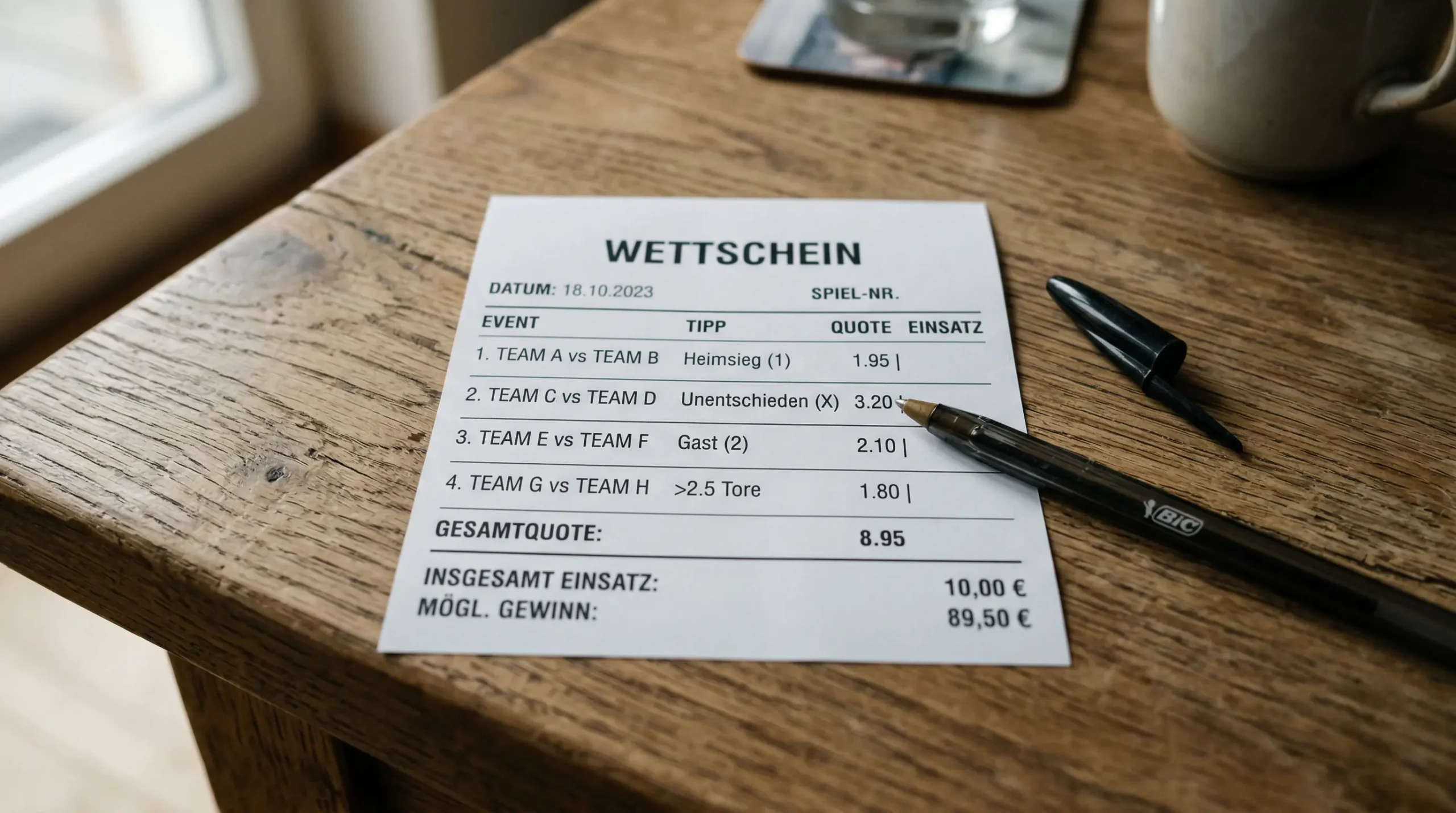 Nahaufnahme eines Wettscheins mit Zahlen und einem Stift auf dem Tisch