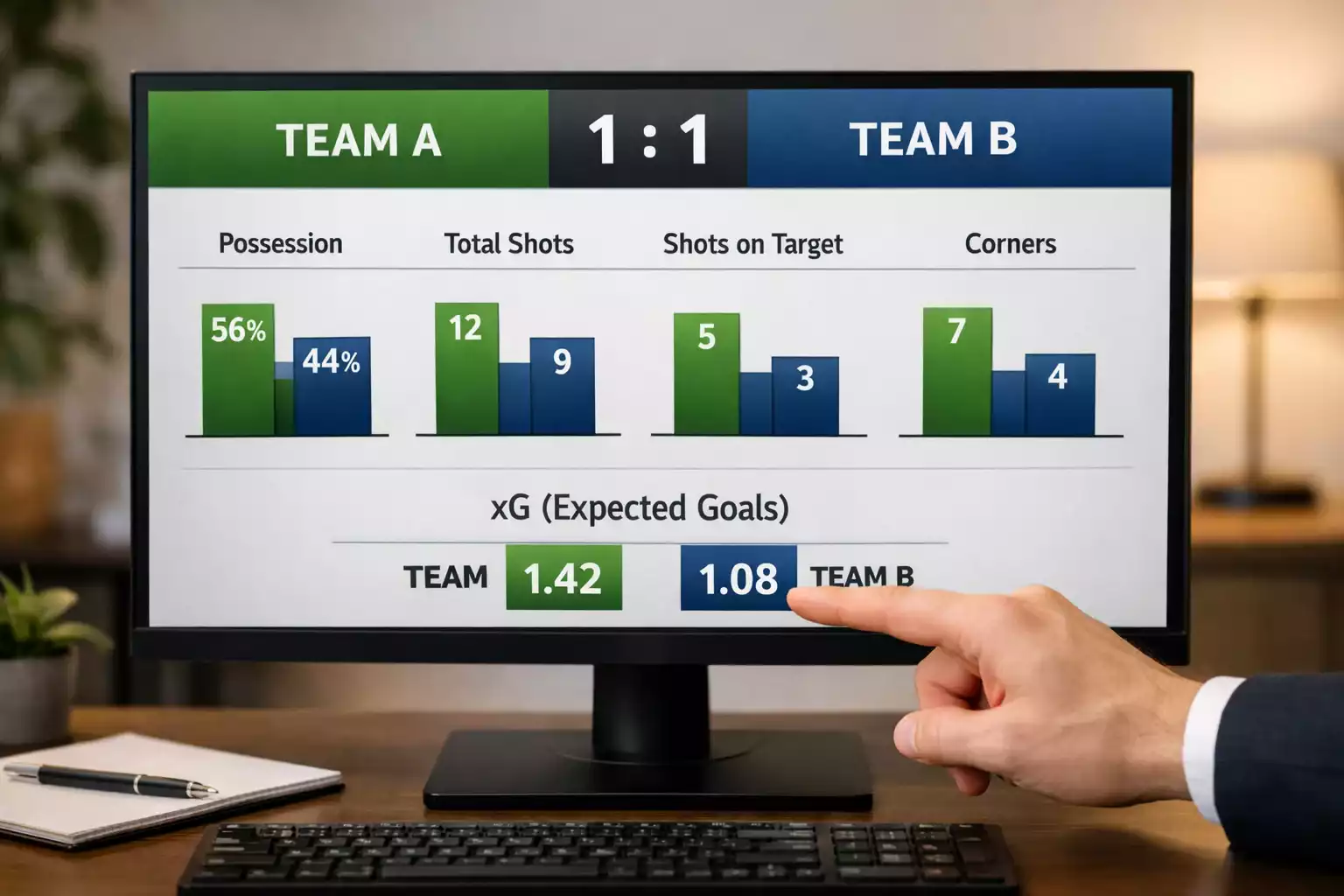 Detaillierte Spielstatistik mit Expected Goals auf einem Bildschirm